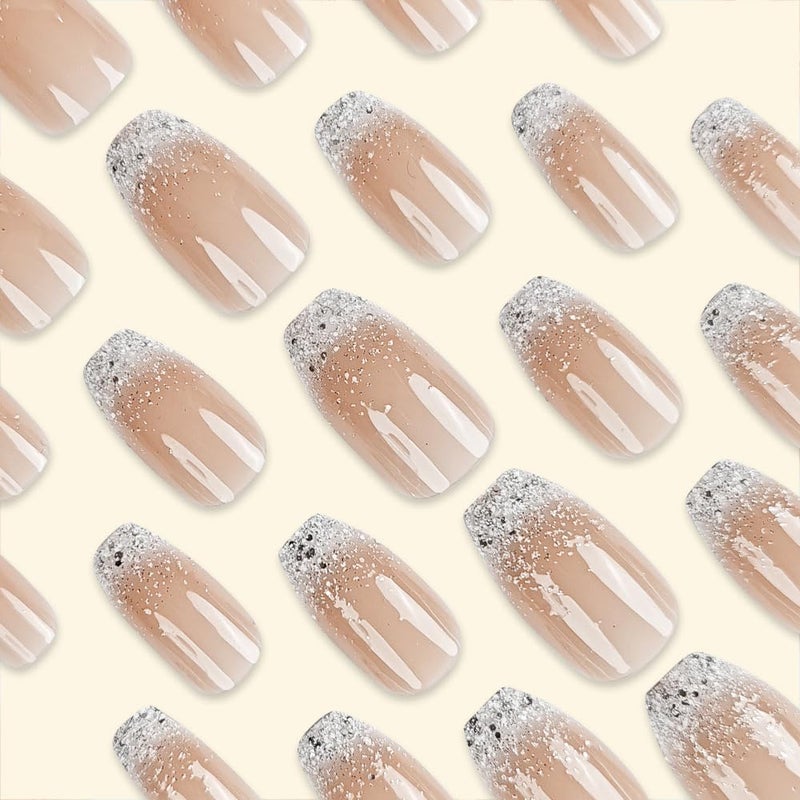 TOGZOM Ombre Press on Nails Short Coffin Nude Acrylic Glitter Glue on Medium Gradation False Glossy Nature Stick on for Women Girls Manicure 24Pcs - Image 3